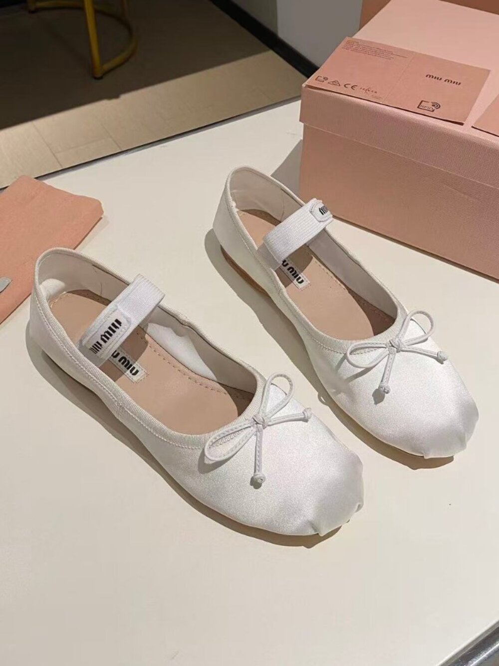 Miu Miu Ivory Satin Bow Mary‑Jane Ballet Flats
